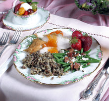 Load image into Gallery viewer, Sliced breast of turkey with Apricot Amaretto Sauce, wild rice and mushroom bake, green beans with bacon and blue cheese and a colorful strawberries/fruit with devonshire cream